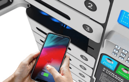 Cell phone charging locker with woman using phone - battery icon showing