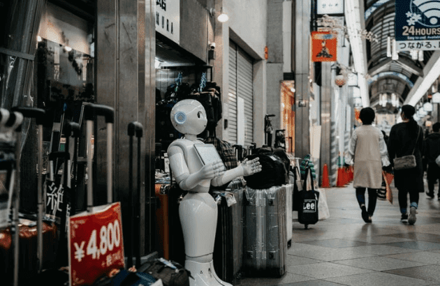 Robot outside trade show event for promo/advertising purposes