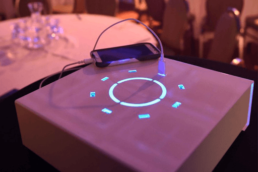 PowerBox battery powered mobile charging station dark room with LEDs
