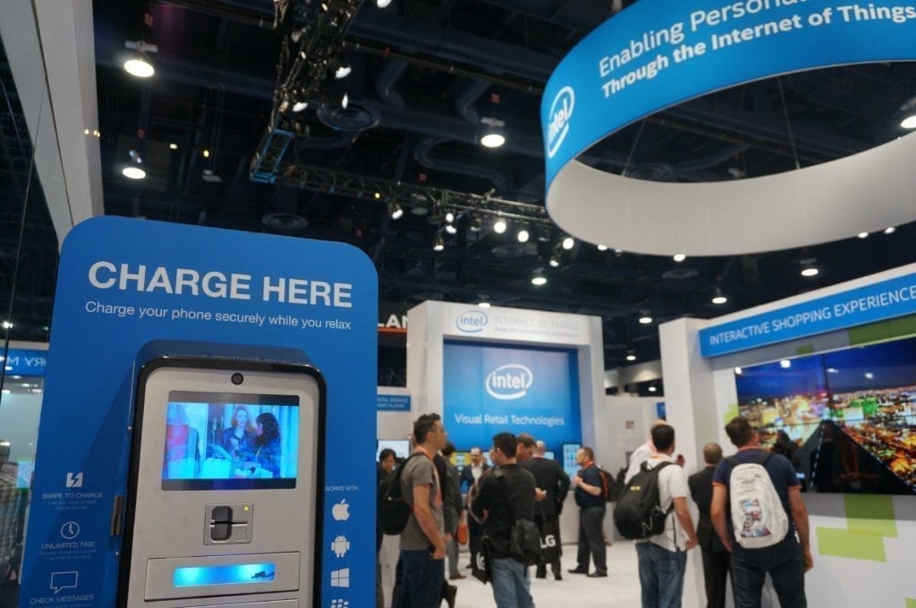 Locker Charging Station at a trade show with blue branding